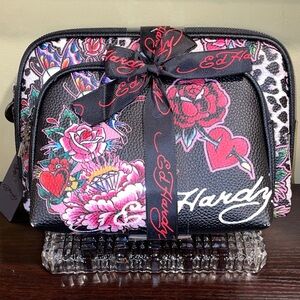 Ed Hardy Black and Pink Floral Cosmetic Bag Set